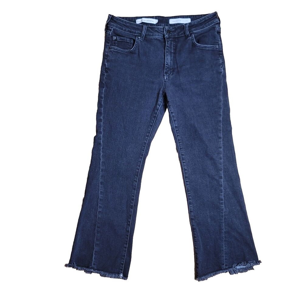 Pilcro And The Letterpress High Rise Flare Faded Black Denim Jeans Raw Hem
